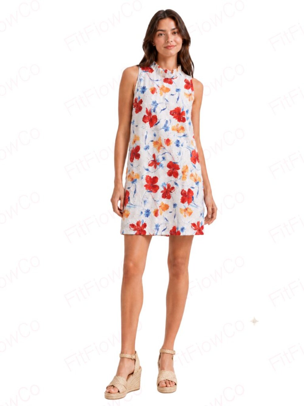Anne Klein NWT Floral Cotton Eyelet Shift Dress Ruffle Neck Pockets Size 2